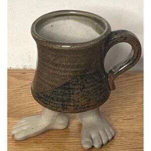 VTG 1970 Pottery Mug Legs Foot Toes Brown Glaze Stoneware Earthenware Office Fun